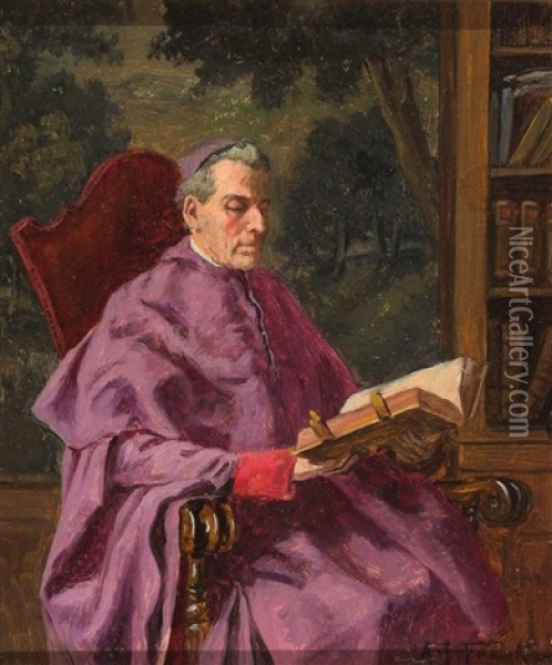 Portrait Eines Bischofs In Seiner Bibliothek Oil Painting - Albert Joseph Franke