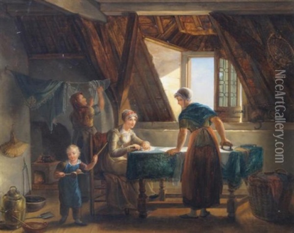 Interior With Woman Doing The Ironing And A Child Oil Painting - Jean Francois Thijs