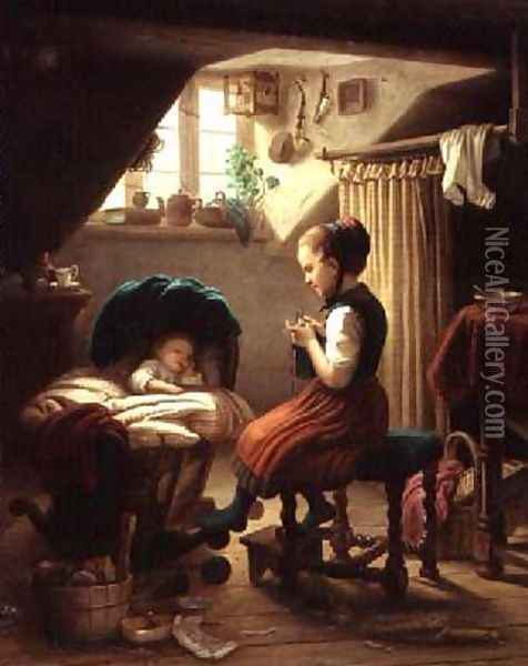 Tending the Little Ones Oil Painting - Johann Georg Meyer von Bremen