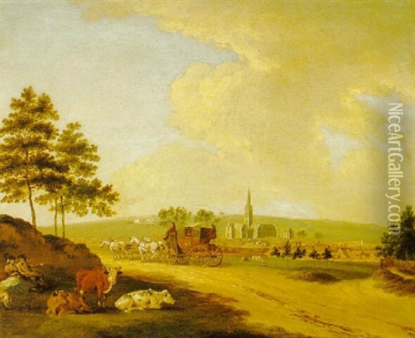 Landscapes With A Mailcoach, One Showing A Distant View Of Salisbury Oil Painting - Peter La Cave