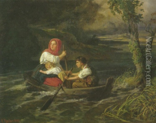 Flucht Vor Dem Gewitter: Drei Kinder Im Nachen Auf Dem See Oil Painting - Carl Ludwig Friedrich Becker