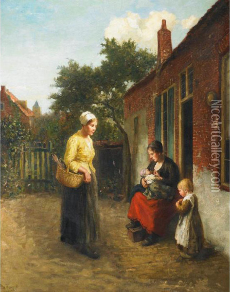 Visiting The New Mother Oil Painting - Bernard Johann De Hoog