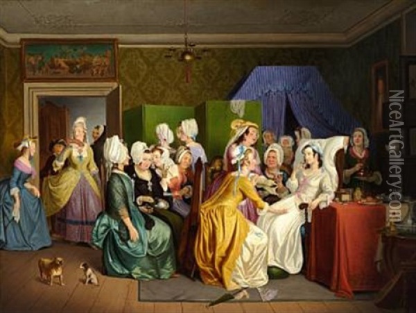 Scene From The Comedy Barselstuen By Playwright Ludvig Holberg Oil Painting - Wilhelm Nicolai Marstrand