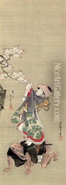 Beauty Hanging A Poem Slip From A Cherry Branch (collab. W/hanabusa Ikkei) Oil Painting - Utagawa Kunisada