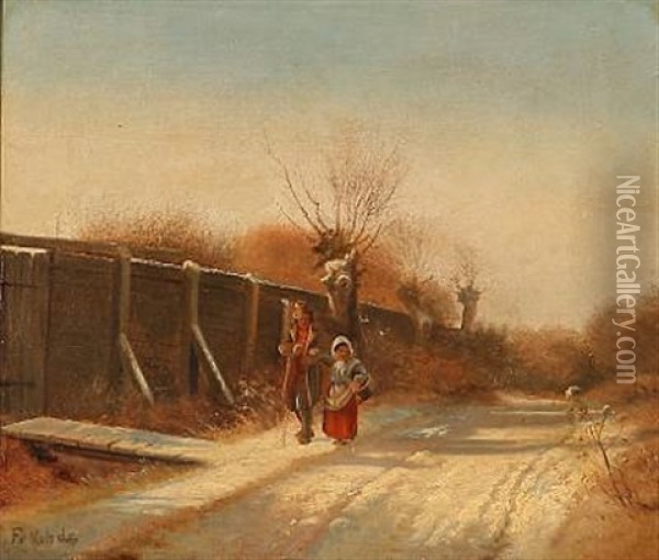 Winter Landscape With A Couple On A Country Road Oil Painting - Frederik Niels Martin Rohde
