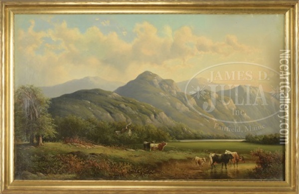 Cows At Watering Hole In A Mountainous Landscape Oil Painting - William Walton