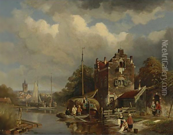 A Busy Day On The Canal Oil Painting - Jacques Carabain