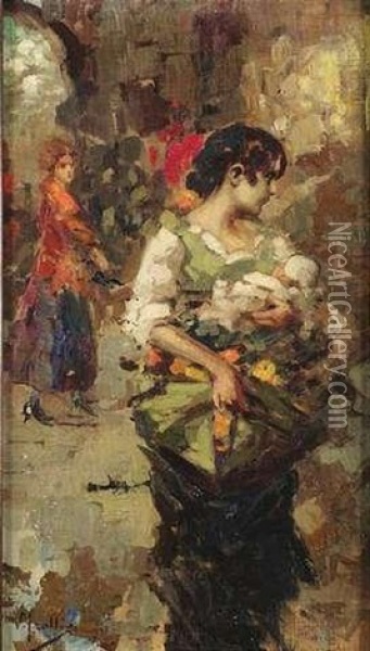 Junge Mutter Mit Ihrem Kind Vor Einer Altstadtkulisse Oil Painting - Vincenzo Irolli