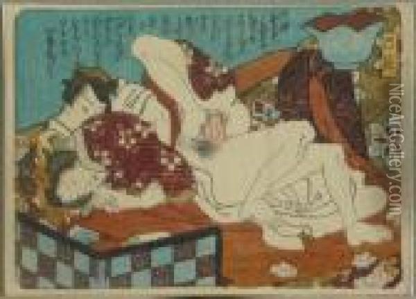 Kunisada, Utagawa Zugeschrieben.
 Prinz Genji Mit Einer Hofdame Im Teehaus, Japan, Um 1840 Oil Painting - Kunisada
