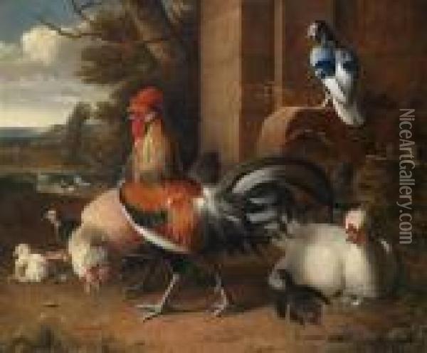 A Chicken Yard With A View Of Alandscape Oil Painting - Melchior de Hondecoeter
