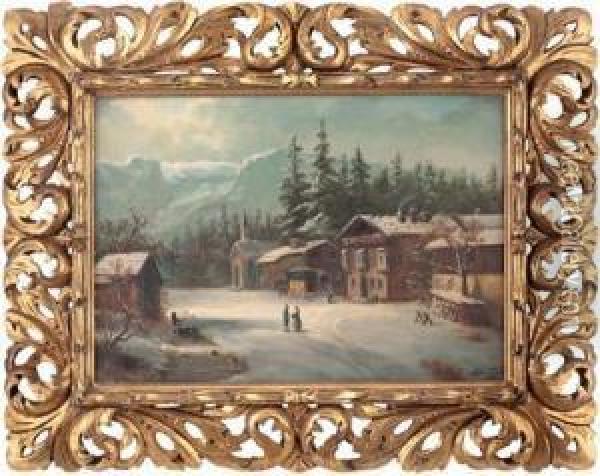 Kleines Dorf Im Winter Vor Gebirge Oil Painting - William E. Schumacher