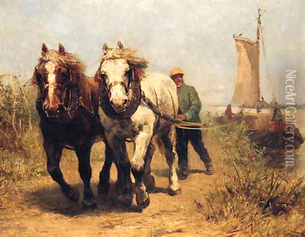 Horses On A Towpath Pulling A Barge Oil Painting - Edmond Joseph De Pratere