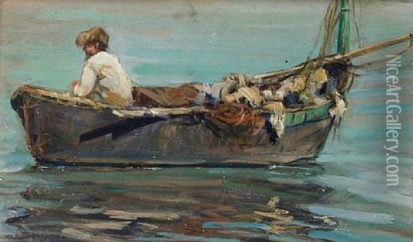 Barca (+ Barca Con Pescatore; Pair) Oil Painting - Alceste Campriani