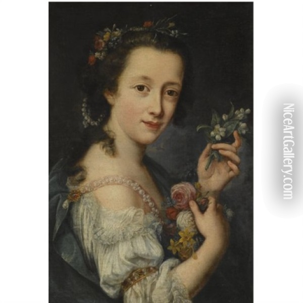 Portrait Of A Young Girl, Half Length, With Pearls In Her Hair, Holding Flowers Oil Painting - Antonio (Lucchese) Franchi