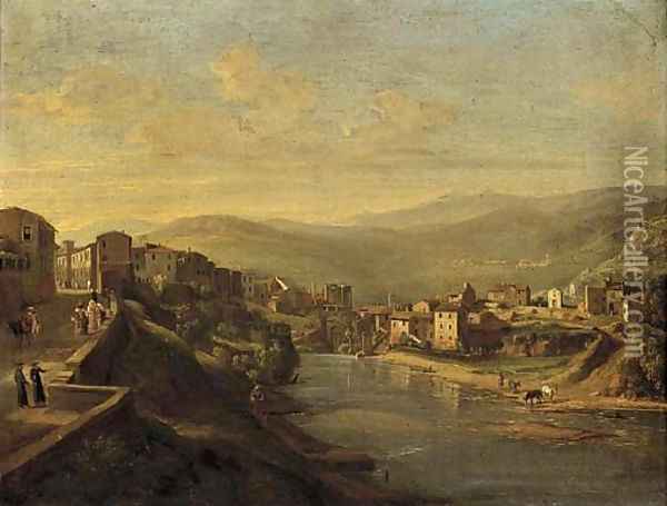 An Italianate riverside town at dusk Oil Painting - Italian School