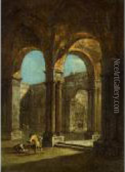 A Venetian Courtyard Oil Painting - Francesco Guardi