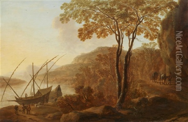 Southern River Landscape With Boats Landing Oil Painting - Willem de Heusch