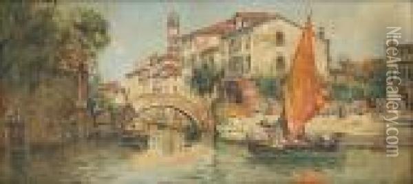 A View Of A Canal In Venice Oil Painting - Antonio Maria de Reyna