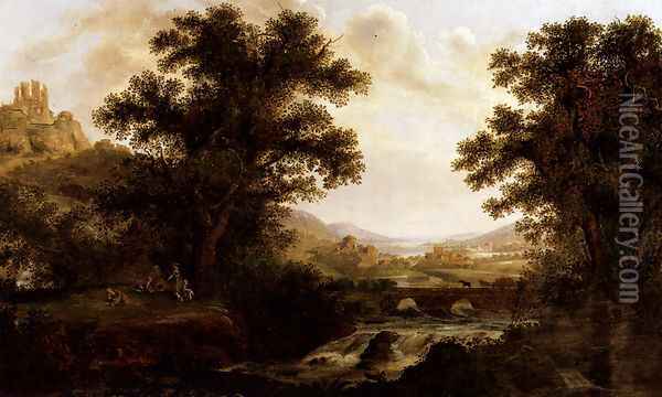 An Italianate Landscape With Drovers Crossing A Bridge And Figures By A Camp Fire Oil Painting - James Lambert