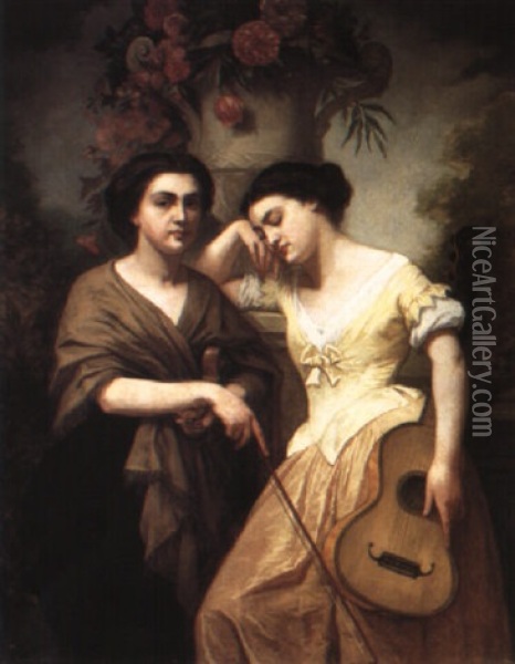 Portrait Of Two Young Ladies With Musical Instruments Oil Painting - August Jernberg