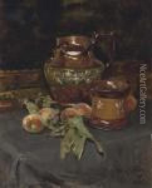 Still Life With Lusterware And Peaches Oil Painting - Irving Ramsay Wiles