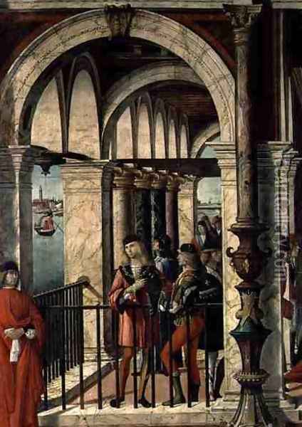 The Arrival of the English Ambassadors, detail, from the St. Ursula cycle, 1498 (detail) Oil Painting - Vittore Carpaccio