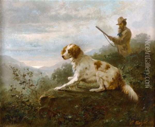 Setter Anglais A L'arret Oil Painting - Ernest Etienne Narjot