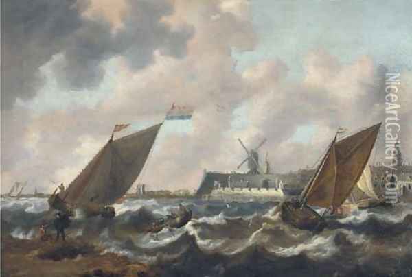 Shipping in choppy seas, a town beyond Oil Painting - Jan Peeters
