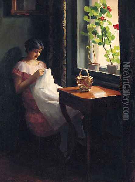 A Girl sewing by a sunlit Window Oil Painting - Emil Pap