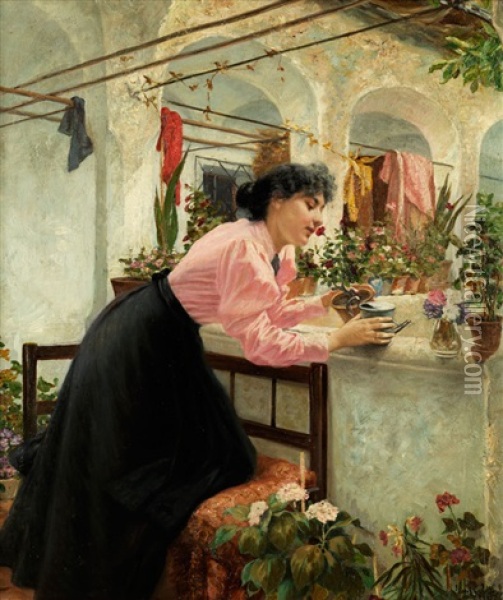 Junge Frau Beim Blumengiessen In Einer Hofarkade Oil Painting - Louis Uhl