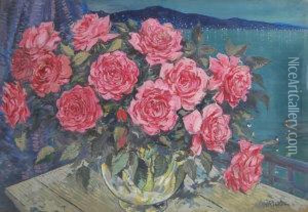 Roses In A Vase Against A Moonlitcoast Oil Painting - Konstantin Alexeievitch Korovin