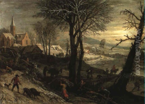 A Village On A Frozen River With Faggot Gatherers And Peasants On A Track Oil Painting - Jacob Savery the Elder