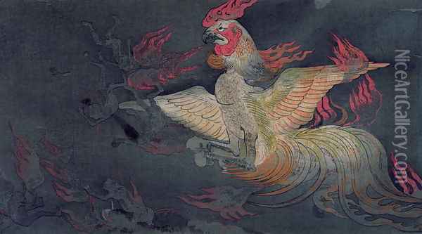 A monstrous animal with the head of a cock, spitting flames, illustration from the Jigoku Zoshi Scroll of the Hells published in Kokka magazine, 1898-9 Oil Painting - Tokiwa Mitsunaga