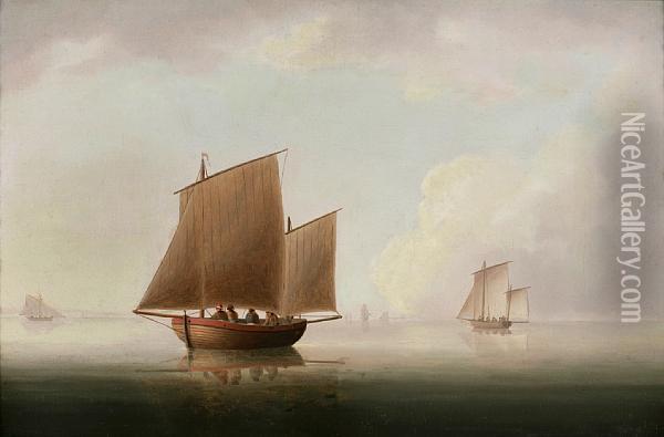 Becalmed With A British Lugger In Theforeground And Other Shipping In The Distance Oil Painting - Thomas Buttersworth