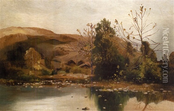 Pond, Hills, And Trees Oil Painting - Ernest Parton