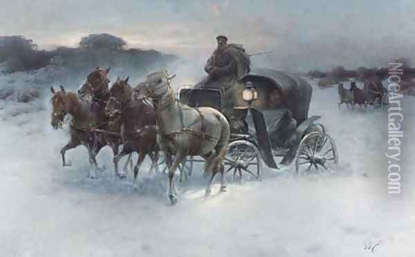 Foursome in Winter Oil Painting - J. Konarski