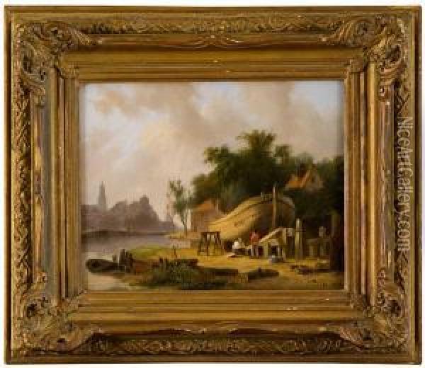 Paesaggio Fluviale Con Villaggio E Barca In Cantiere Oil Painting - Bartholomeus J. Van Hove