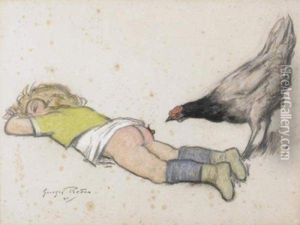 L'enfant Et La Poule. Oil Painting - Georges Redon