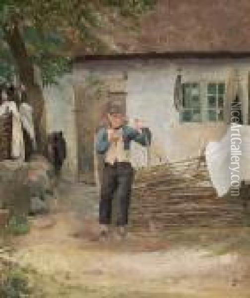A Farm Exterior With A Boy Reading A Letter. Signed Monogram Oil Painting - Peder Vilhelm Ilsted