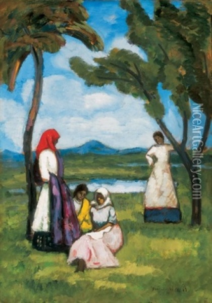 In The Open Air Oil Painting - Bela Ivanyi Gruenwald