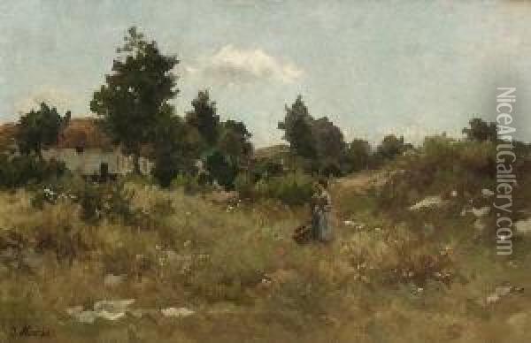 Junge Magd Mit Korb In
 Sommerlicher Landschaft. Oil Painting - Jacob Henricus Maris