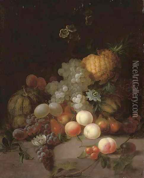 A pineapple, a watermelon, grapes, pears, peaches and other fruits with flowers on a stone ledge Oil Painting - Joseph Rhodes