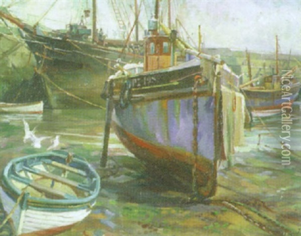A Harbour At Low Tide Oil Painting - Harold Harvey