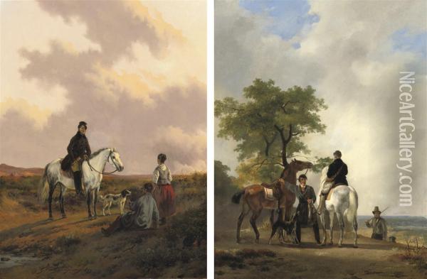 A Good Day's Hunting; And A Horseman Conversing With Travellers Oil Painting - Gijsbertus Craeyvanger