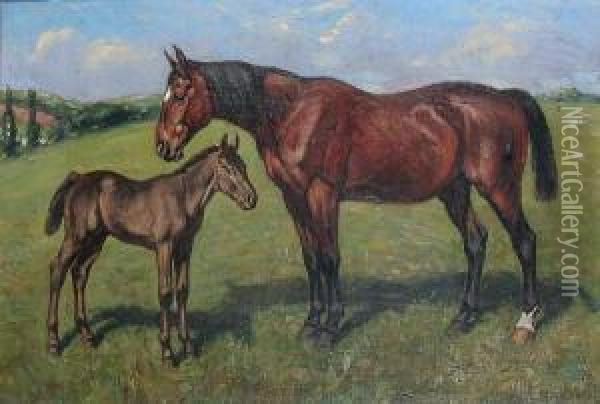 Mare And Foal In A Field Oil Painting - Maurice Randall
