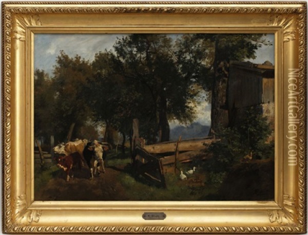 Vaches Dans Une Coeur De Ferme Oil Painting - Karl Roux