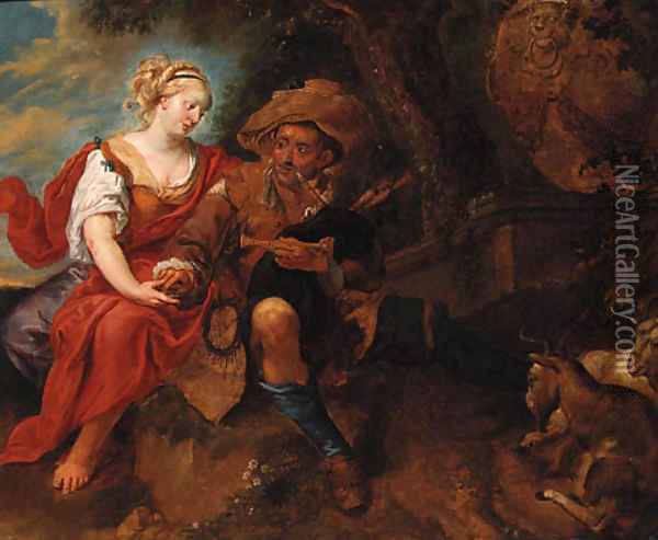 A peasant Woman courting a travelling Musician in a Landscape Oil Painting - Jan Thomas Van Ypren