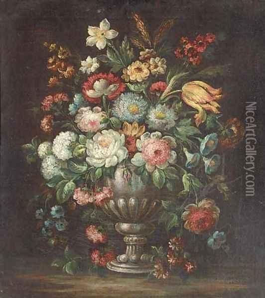 Roses, carnations, morning glory, a tulip and other flowers in a vase on a ledge Oil Painting - dei Fiori (Nuzzi) Mario