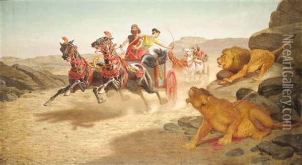 Ashurbanipal And Assur-sharratt At A Lion Hunt Oil Painting - John Alexander Harington Bird