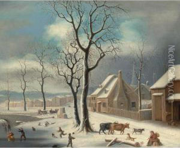 Village In Winter Oil Painting - Robert Street